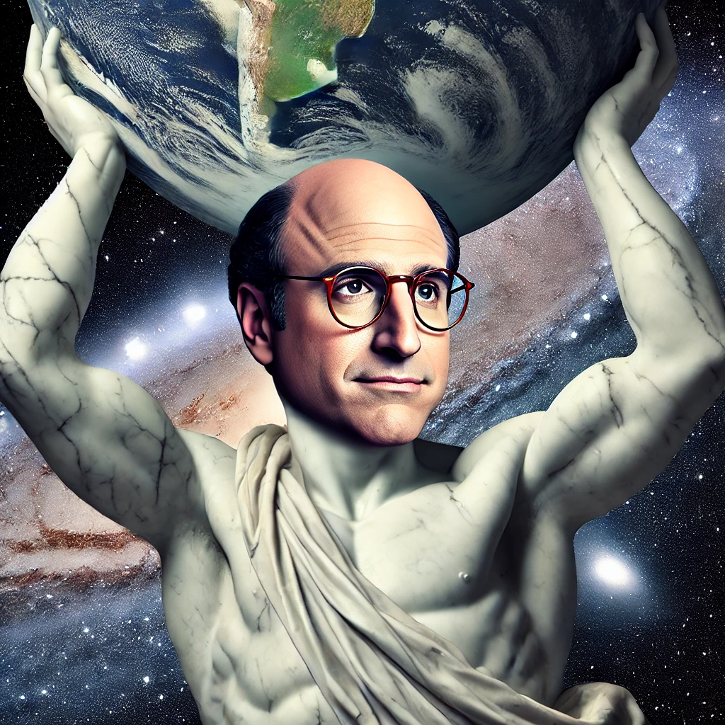 A wonderful AI generated image of a cross between George Costanza, Larry David, and Atlas holding the world on his shoulders.